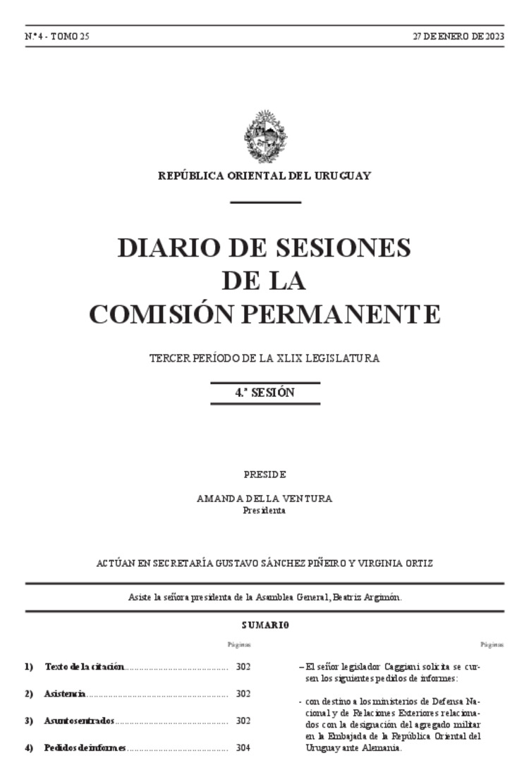 DIARIO DE SESIONES DE LA COMISION PERMANENTE del 27/01/2023
